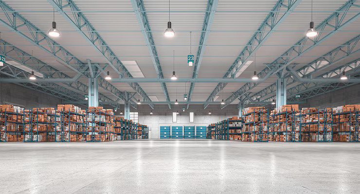 Warehouse interior with goods shelves